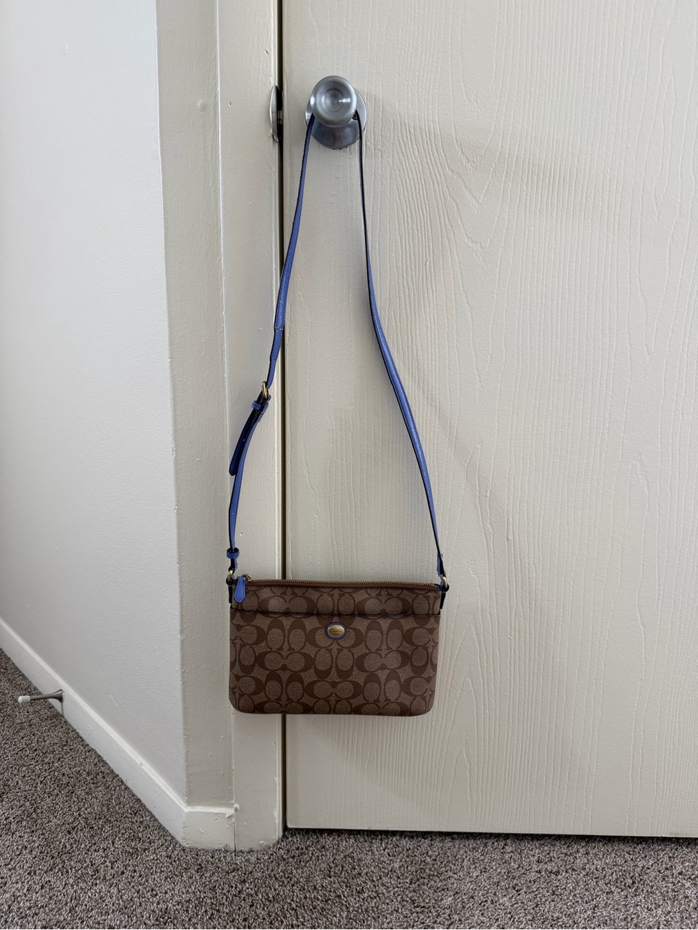 Coach Brown Signature Crossbody with Blue Adjustable Strap